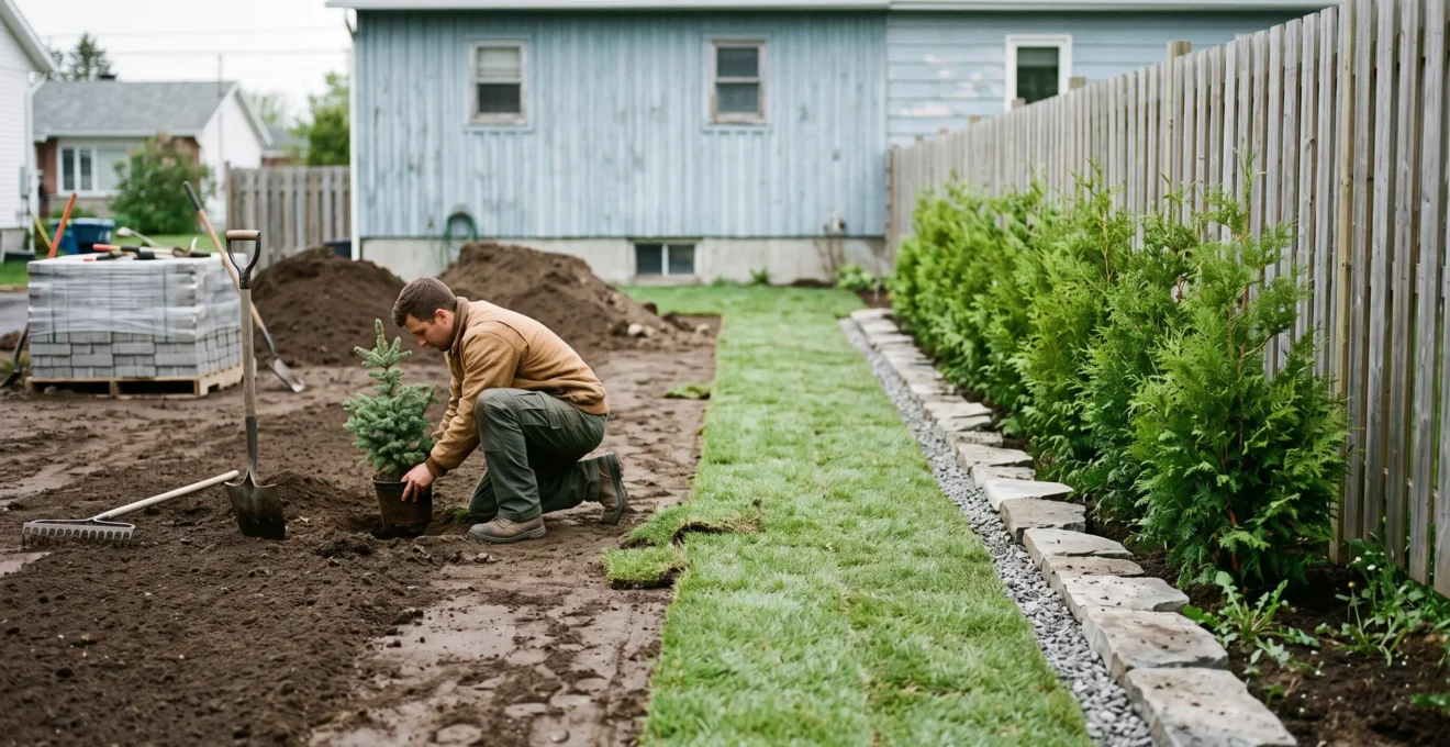 Un travailleur plante un conifère dans une cour québécoise en cours d'aménagement, entre une zone de terrain nu avec des piles de terre et une pelouse déjà semée.