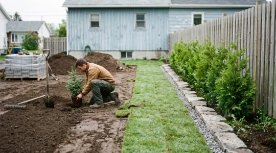 Un travailleur plante un conifère dans une cour québécoise en cours d'aménagement, entre une zone de terrain nu avec des piles de terre et une pelouse déjà semée.