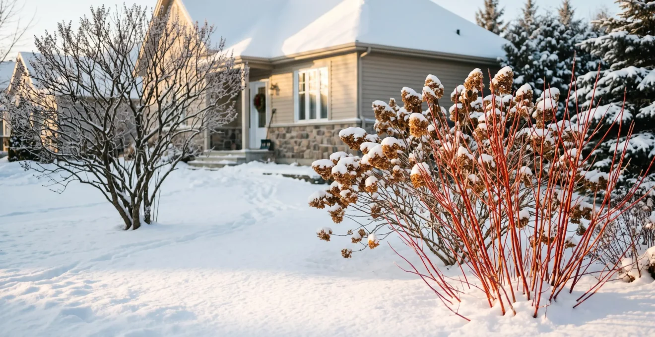 Cour résidentielle québécoise en janvier avec des arbustes d'ornement au bois coloré et des fleurs sèches d'hydrangée recouverts de neige.