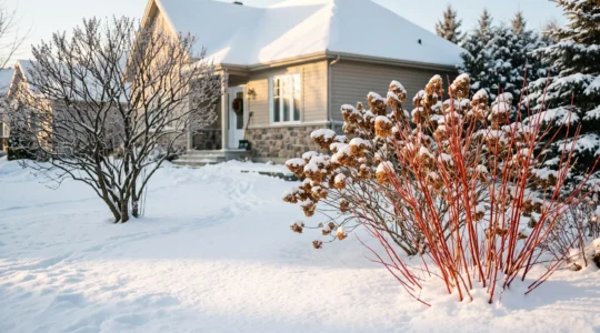Cour résidentielle québécoise en janvier avec des arbustes d'ornement au bois coloré et des fleurs sèches d'hydrangée recouverts de neige.