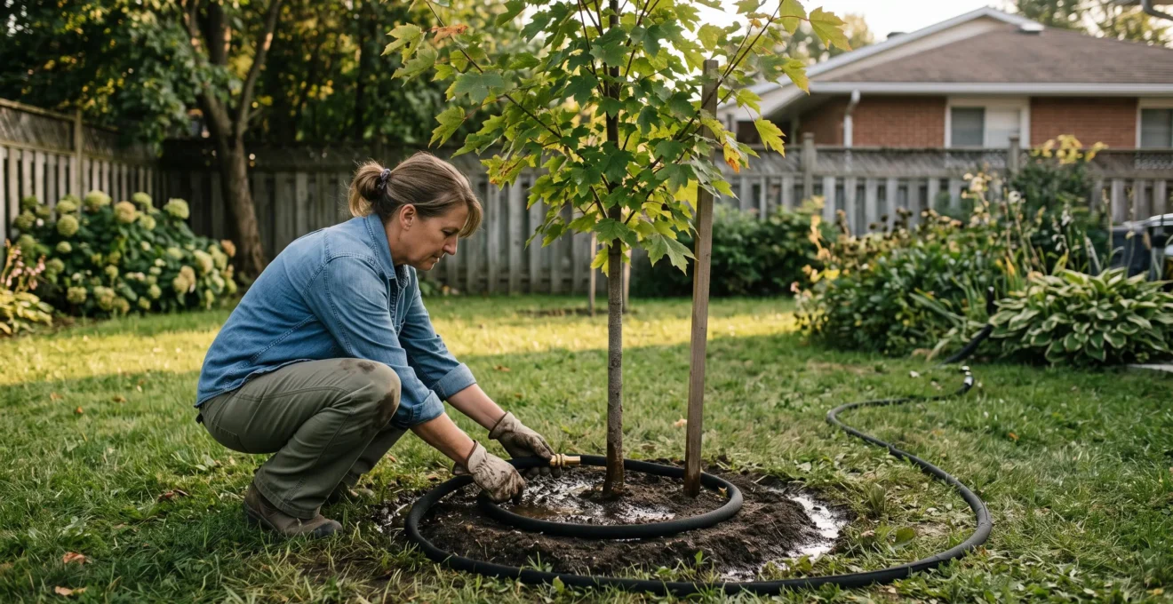 Un propriétaire installe un tuyau suintant en anneau autour d'un jeune arbre, avec un bassin d'infiltration peu profond qui laisse l'eau pénétrer lentement dans le sol d'une cour résidentielle québécoise.