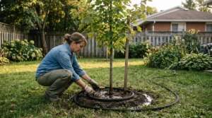 Un propriétaire installe un tuyau suintant en anneau autour d'un jeune arbre, avec un bassin d'infiltration peu profond qui laisse l'eau pénétrer lentement dans le sol d'une cour résidentielle québécoise.