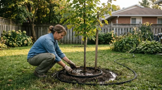 Un propriétaire installe un tuyau suintant en anneau autour d'un jeune arbre, avec un bassin d'infiltration peu profond qui laisse l'eau pénétrer lentement dans le sol d'une cour résidentielle québécoise.