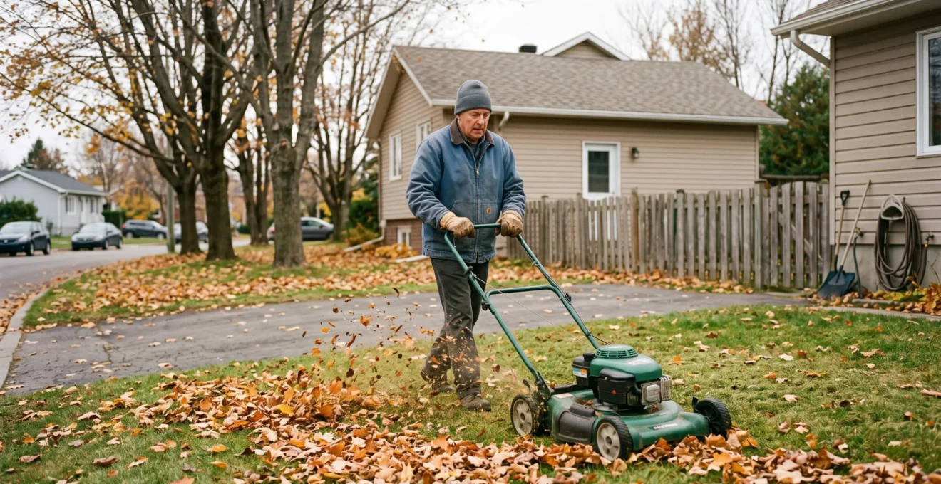 Un propriétaire passe la tondeuse sur une couche de feuilles d'érable sèches dans une cour résidentielle québécoise en automne, les débris broyés retombant sur le gazon.
