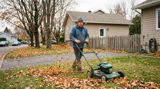 Un propriétaire passe la tondeuse sur une couche de feuilles d'érable sèches dans une cour résidentielle québécoise en automne, les débris broyés retombant sur le gazon.