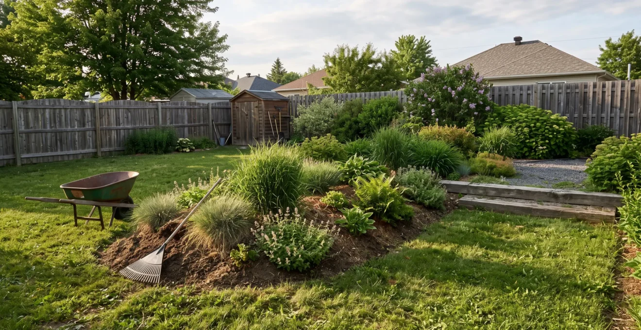 Jardin de banlieue au Québec avec une butte de plantation végétalisée et un gradin en bois qui créent du relief sur un terrain plat.