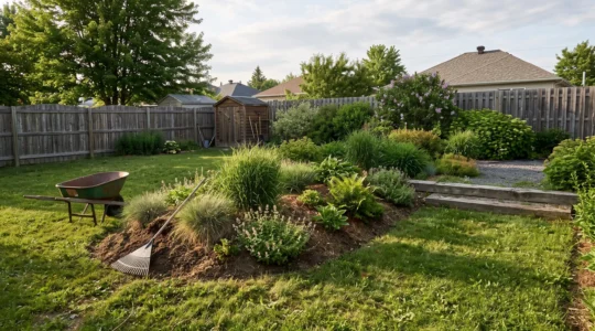 Jardin de banlieue au Québec avec une butte de plantation végétalisée et un gradin en bois qui créent du relief sur un terrain plat.