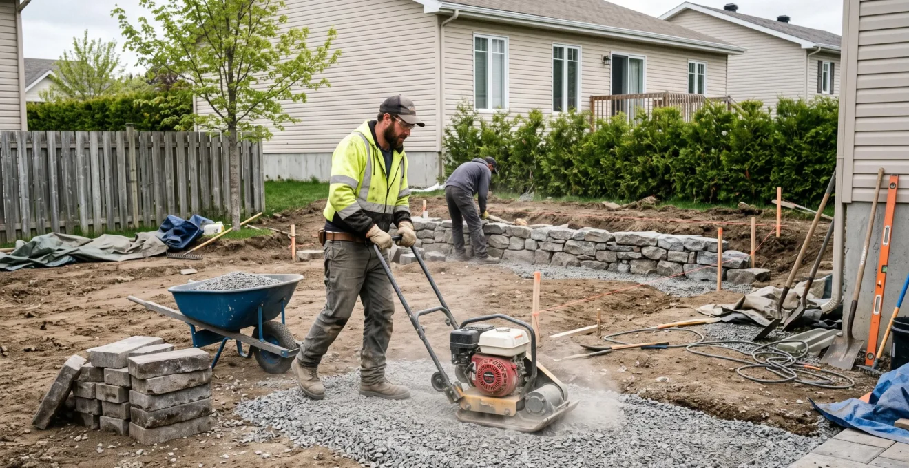 Une équipe de paysagistes prépare la base d'un patio en pavé dans la cour arrière d'une résidence québécoise, avec un compacteur, de la pierre concassée et un muret en construction.