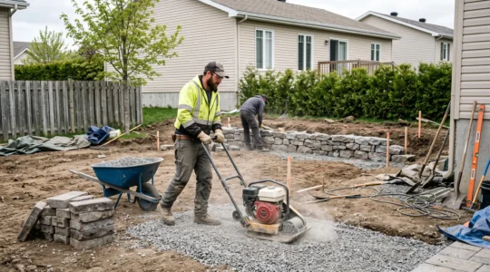 Une équipe de paysagistes prépare la base d'un patio en pavé dans la cour arrière d'une résidence québécoise, avec un compacteur, de la pierre concassée et un muret en construction.