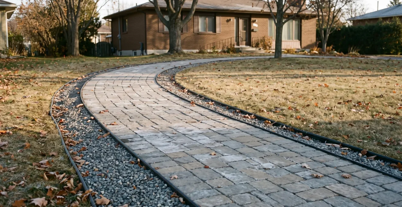 Chemin courbe en pavé autobloquant bordé de gravier devant un bungalow en brique brune au Québec en fin d'automne.