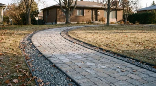 Chemin courbe en pavé autobloquant bordé de gravier devant un bungalow en brique brune au Québec en fin d'automne.