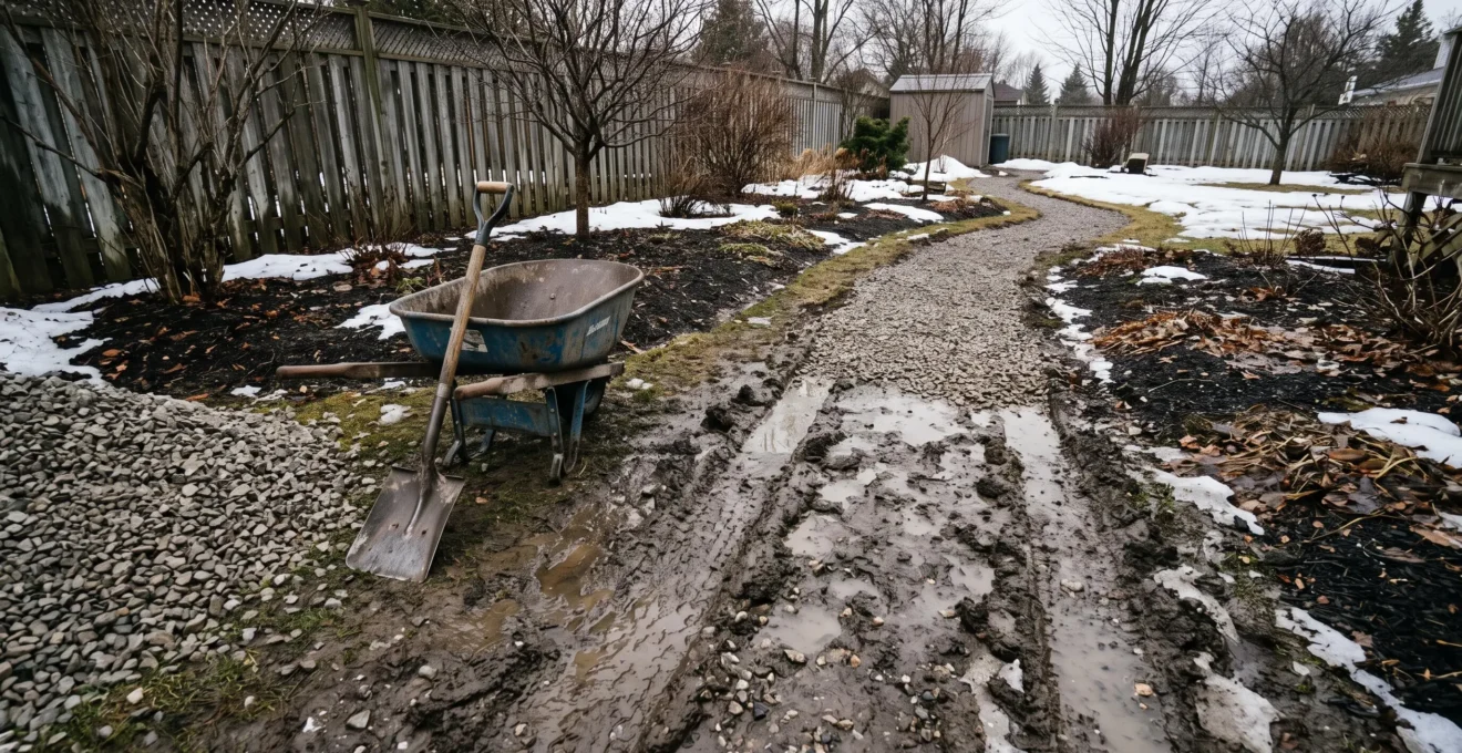 Chemin de jardin en gravier partiellement enfoui dans la boue au dégel printanier, avec une brouette et un tas de gravier concassé prêt pour la recharge.