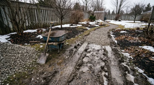 Chemin de jardin en gravier partiellement enfoui dans la boue au dégel printanier, avec une brouette et un tas de gravier concassé prêt pour la recharge.