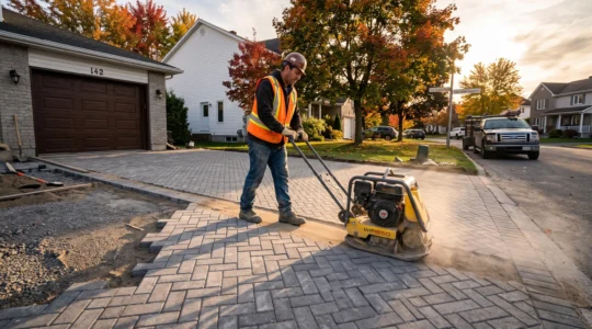 Un ouvrier passe un compacteur à plaque sur une entrée de garage fraîchement pavée de pavés autobloquants devant une résidence du Québec en automne.