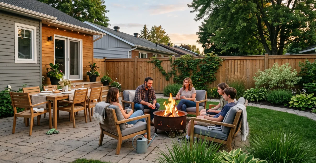 Une famille profite d'une cour arrière aménagée en plusieurs zones, avec un foyer extérieur, une terrasse-repas et un coin détente, en soirée d'été au Québec.