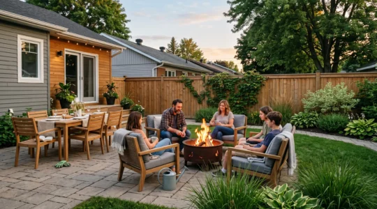 Une famille profite d'une cour arrière aménagée en plusieurs zones, avec un foyer extérieur, une terrasse-repas et un coin détente, en soirée d'été au Québec.