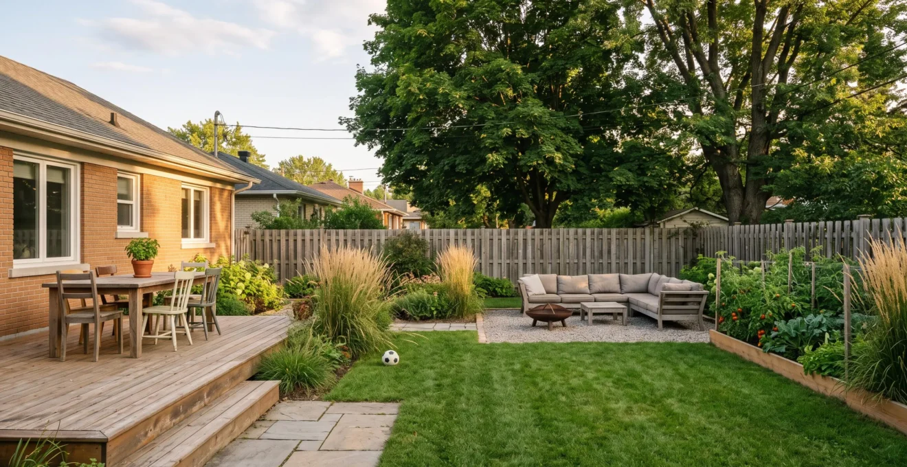 Grande cour arrière de banlieue québécoise divisée en zones fonctionnelles : terrasse repas, pelouse, coin lounge avec foyer et potager, séparées par des transitions de matériaux.