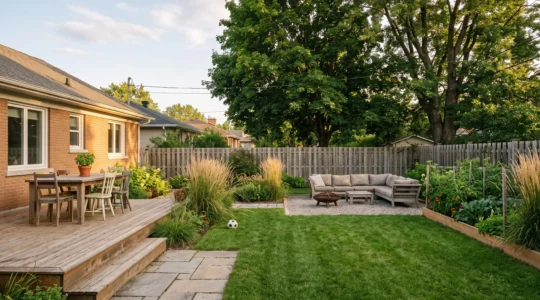 Grande cour arrière de banlieue québécoise divisée en zones fonctionnelles : terrasse repas, pelouse, coin lounge avec foyer et potager, séparées par des transitions de matériaux.
