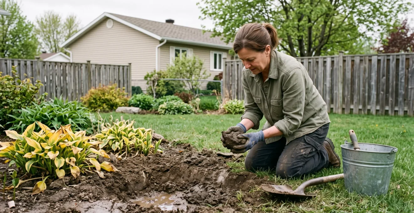 Une personne agenouillée dans un jardin examine une motte de sol argileux compact prélevée dans une fosse creusée près de plantes ornementales.