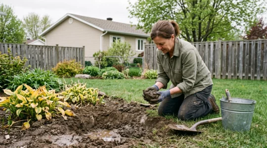 Une personne agenouillée dans un jardin examine une motte de sol argileux compact prélevée dans une fosse creusée près de plantes ornementales.