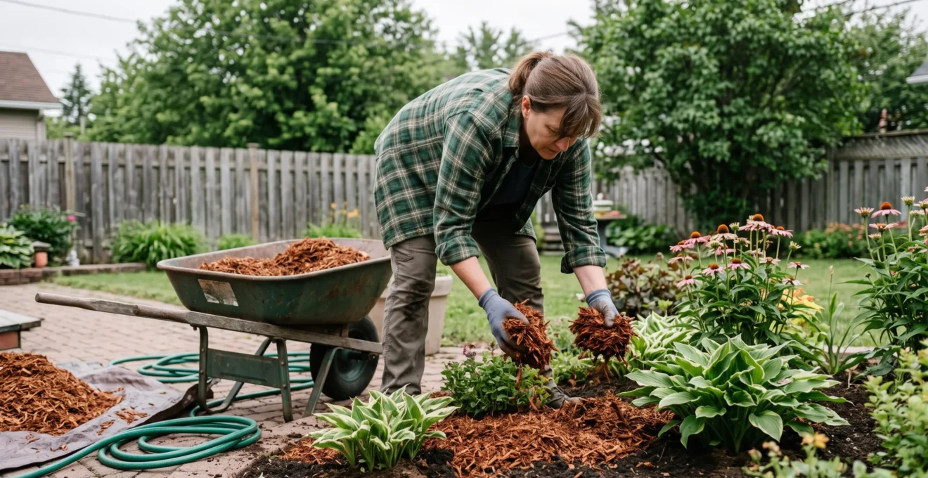 Un jardinier épand du paillis de cèdre autour de vivaces dans une plate-bande résidentielle au Québec.