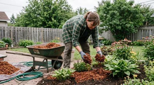 Un jardinier épand du paillis de cèdre autour de vivaces dans une plate-bande résidentielle au Québec.