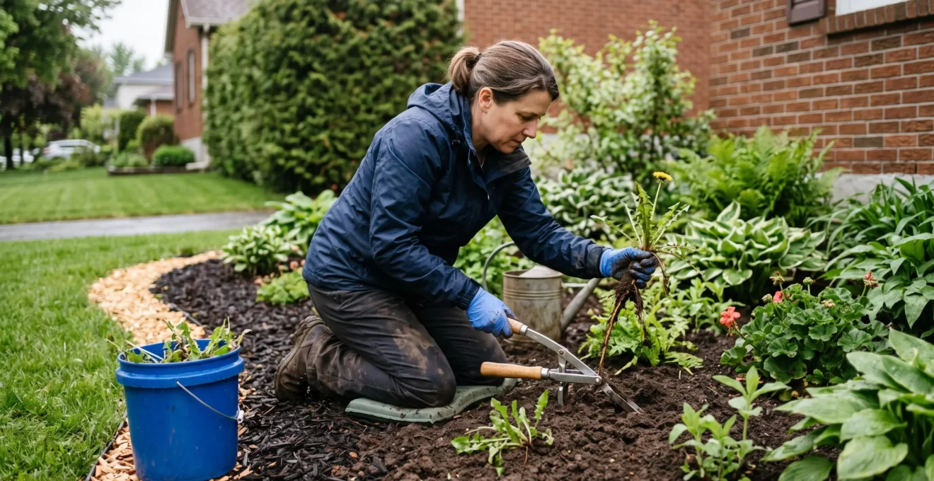 Une personne agenouillée dans une plate-bande extrait un pissenlit avec sa racine à l'aide d'un arrache-racines manuel, dans un jardin du Québec.