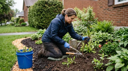 Une personne agenouillée dans une plate-bande extrait un pissenlit avec sa racine à l'aide d'un arrache-racines manuel, dans un jardin du Québec.