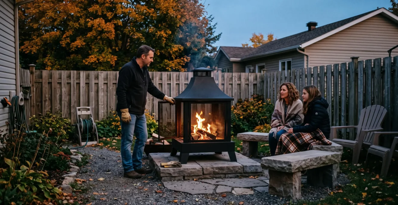 Une famille installée autour d'un foyer extérieur homologué posé sur une plateforme de pierre, à distance sécuritaire de la clôture en bois, dans une cour résidentielle du Québec en automne.