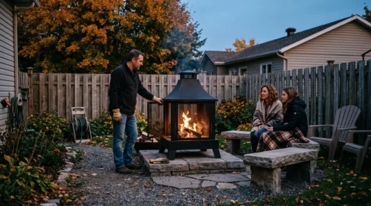 Une famille installée autour d'un foyer extérieur homologué posé sur une plateforme de pierre, à distance sécuritaire de la clôture en bois, dans une cour résidentielle du Québec en automne.