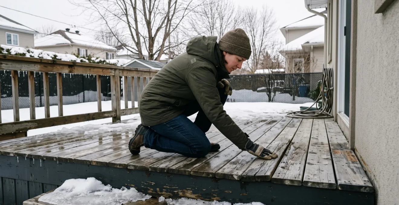 Un propriétaire inspecte les planches grises d'une terrasse en bois traité au printemps québécois, avec de la neige fondante accumulée contre la structure.