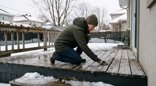 Un propriétaire inspecte les planches grises d'une terrasse en bois traité au printemps québécois, avec de la neige fondante accumulée contre la structure.