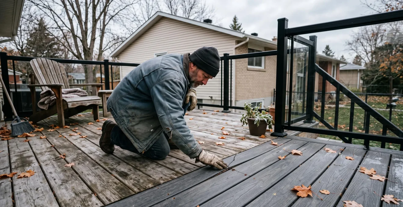Un propriétaire agenouillé inspecte les fissures et l'usure des planches d'une terrasse québécoise vieillissante combinant cèdre, composite et garde-corps en aluminium à l'automne.