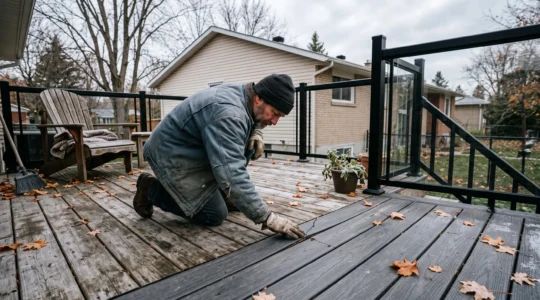 Un propriétaire agenouillé inspecte les fissures et l'usure des planches d'une terrasse québécoise vieillissante combinant cèdre, composite et garde-corps en aluminium à l'automne.