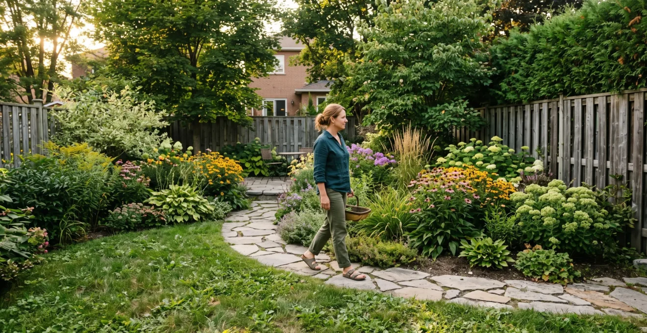 Une femme marche le long d'une allée de pierre dans un jardin paysager mature au Québec, bordé d'arbres développés, d'arbustes et de massifs de vivaces en fin d'été.