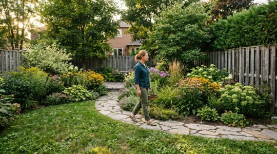 Une femme marche le long d'une allée de pierre dans un jardin paysager mature au Québec, bordé d'arbres développés, d'arbustes et de massifs de vivaces en fin d'été.