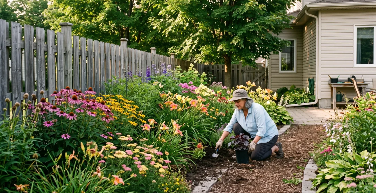 Un jardinier plante une vivace dans un parterre dense de plantes en fleurs devant une clôture de bois dans une cour résidentielle au Québec.