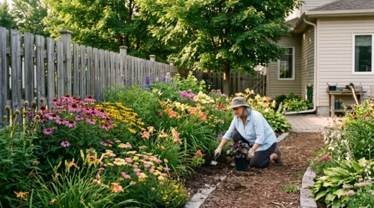 Un jardinier plante une vivace dans un parterre dense de plantes en fleurs devant une clôture de bois dans une cour résidentielle au Québec.