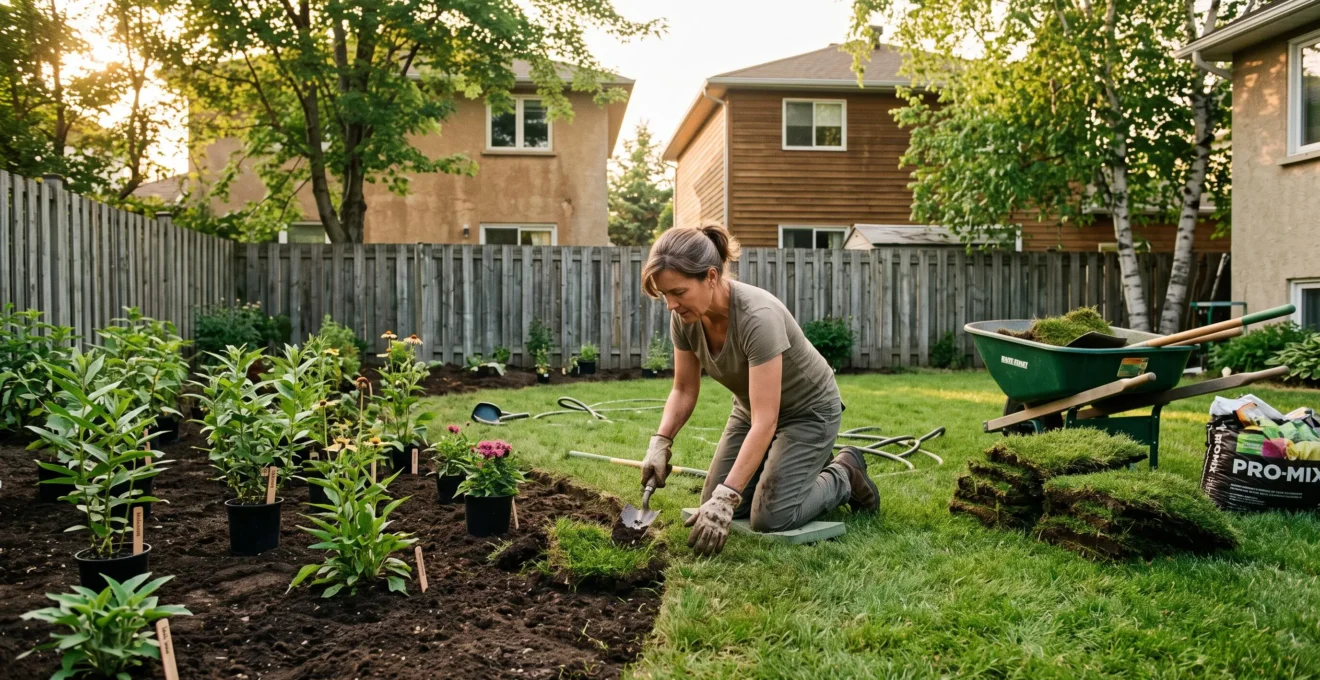 Une personne enlève une bande de gazon à la bêche dans une cour résidentielle québécoise pour aménager une plate-bande de plantes indigènes en fleurs.
