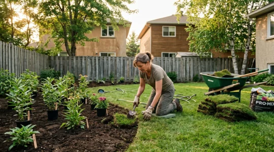 Une personne enlève une bande de gazon à la bêche dans une cour résidentielle québécoise pour aménager une plate-bande de plantes indigènes en fleurs.