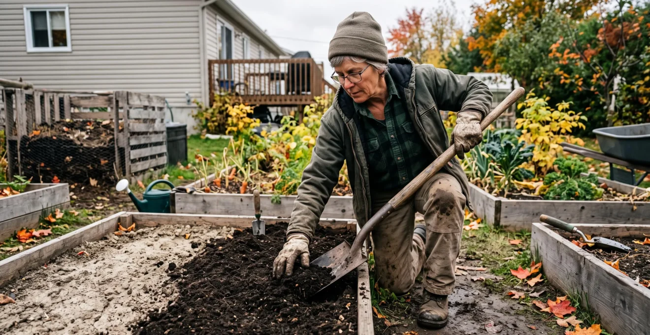 Un jardinier incorpore du compost sombre dans la terre d'un potager québécois à l'automne.