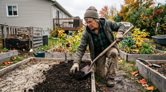Un jardinier incorpore du compost sombre dans la terre d'un potager québécois à l'automne.
