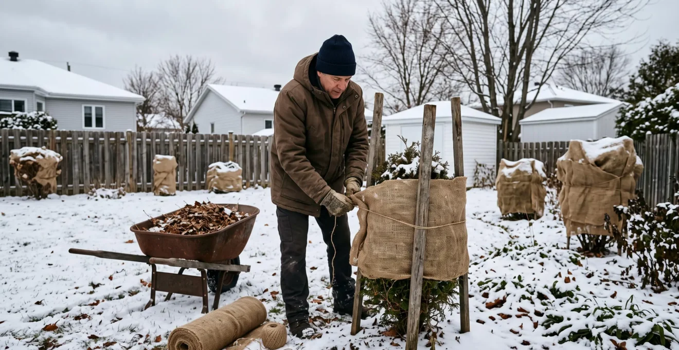 Un jardinier québécois installe un abri en toile de jute autour d'un arbuste dans un jardin enneigé au début de l'hiver.