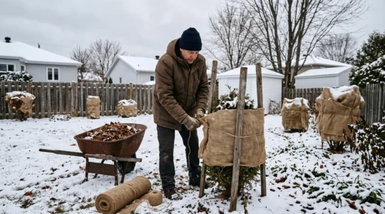 Un jardinier québécois installe un abri en toile de jute autour d'un arbuste dans un jardin enneigé au début de l'hiver.