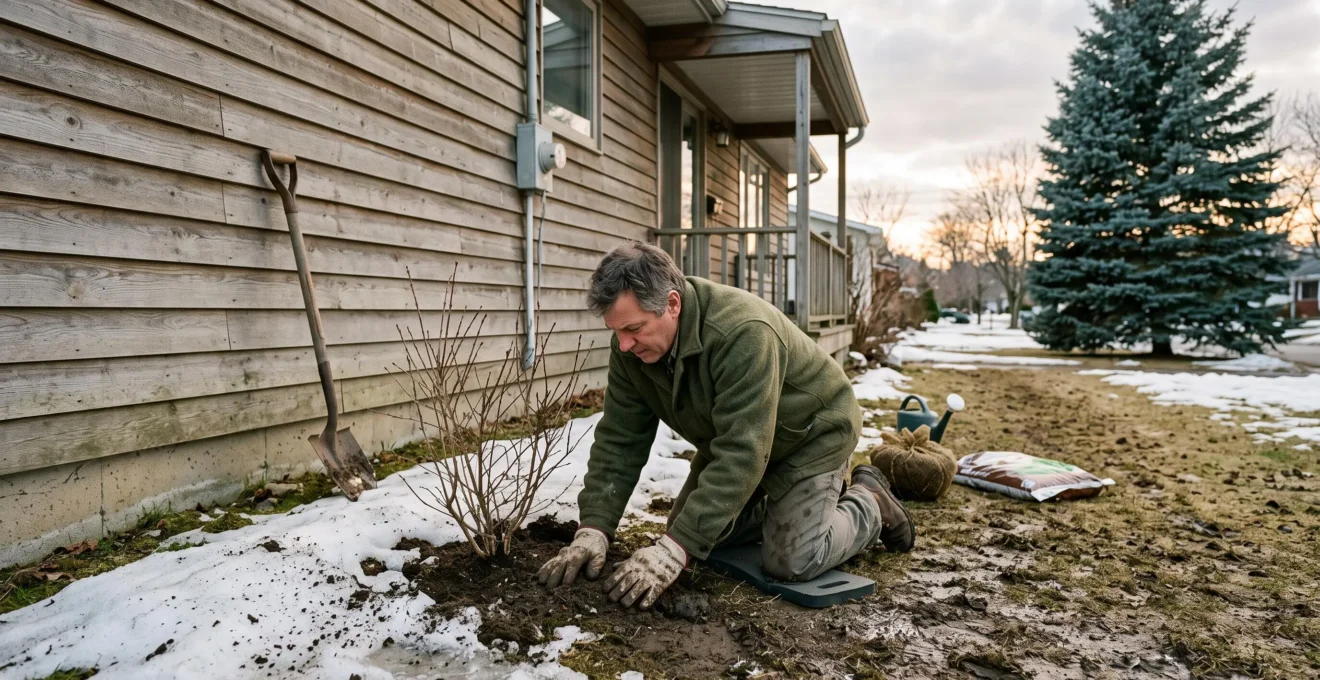 Un jardinier agenouillé plante un jeune arbuste le long du mur d'une maison québécoise au printemps, sur un sol parsemé de plaques de neige fondante.