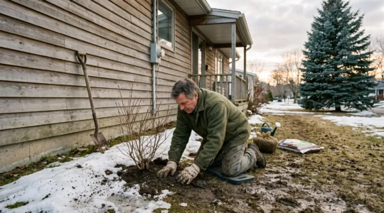 Un jardinier agenouillé plante un jeune arbuste le long du mur d'une maison québécoise au printemps, sur un sol parsemé de plaques de neige fondante.