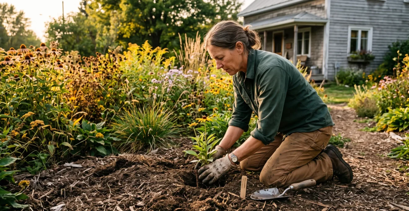 Un jardinier québécois plante une vivace rustique dans un massif paillé devant une maison rurale.