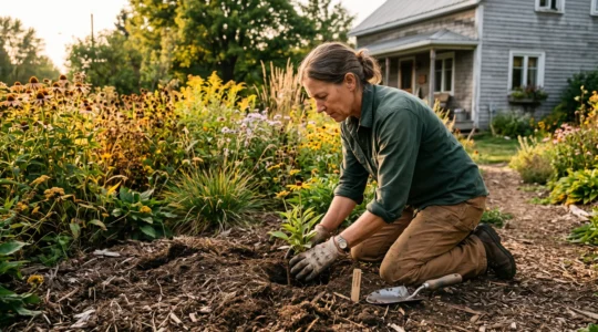 Un jardinier québécois plante une vivace rustique dans un massif paillé devant une maison rurale.