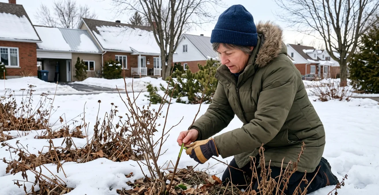 Un jardinier agenouillé dans un jardin enneigé vérifie la base d'une tente d'arbuste à la recherche de tissu vivant après l'hiver.