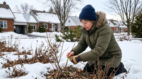 Un jardinier agenouillé dans un jardin enneigé vérifie la base d'une tente d'arbuste à la recherche de tissu vivant après l'hiver.